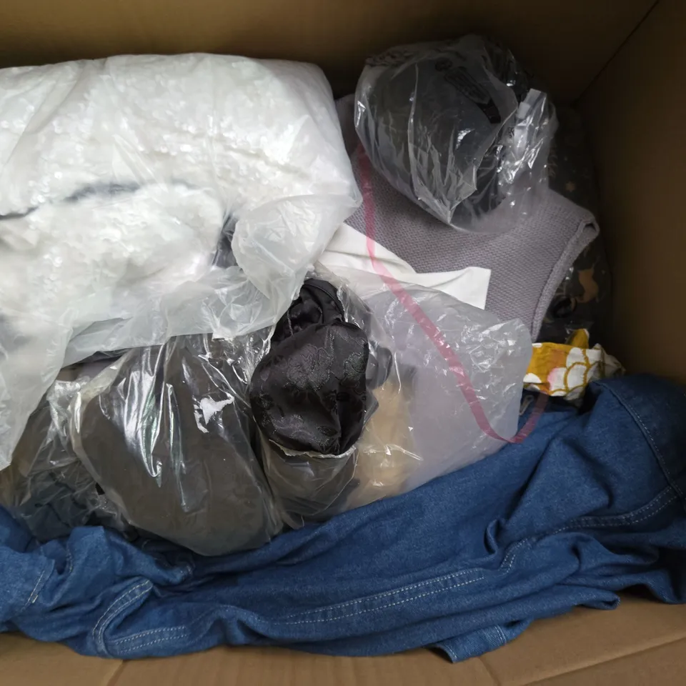 BOX OF ASSORTED CLOTHING ITEMS IN DIFFERENT SIZES AND STYLES / COLLECTION ONLY  