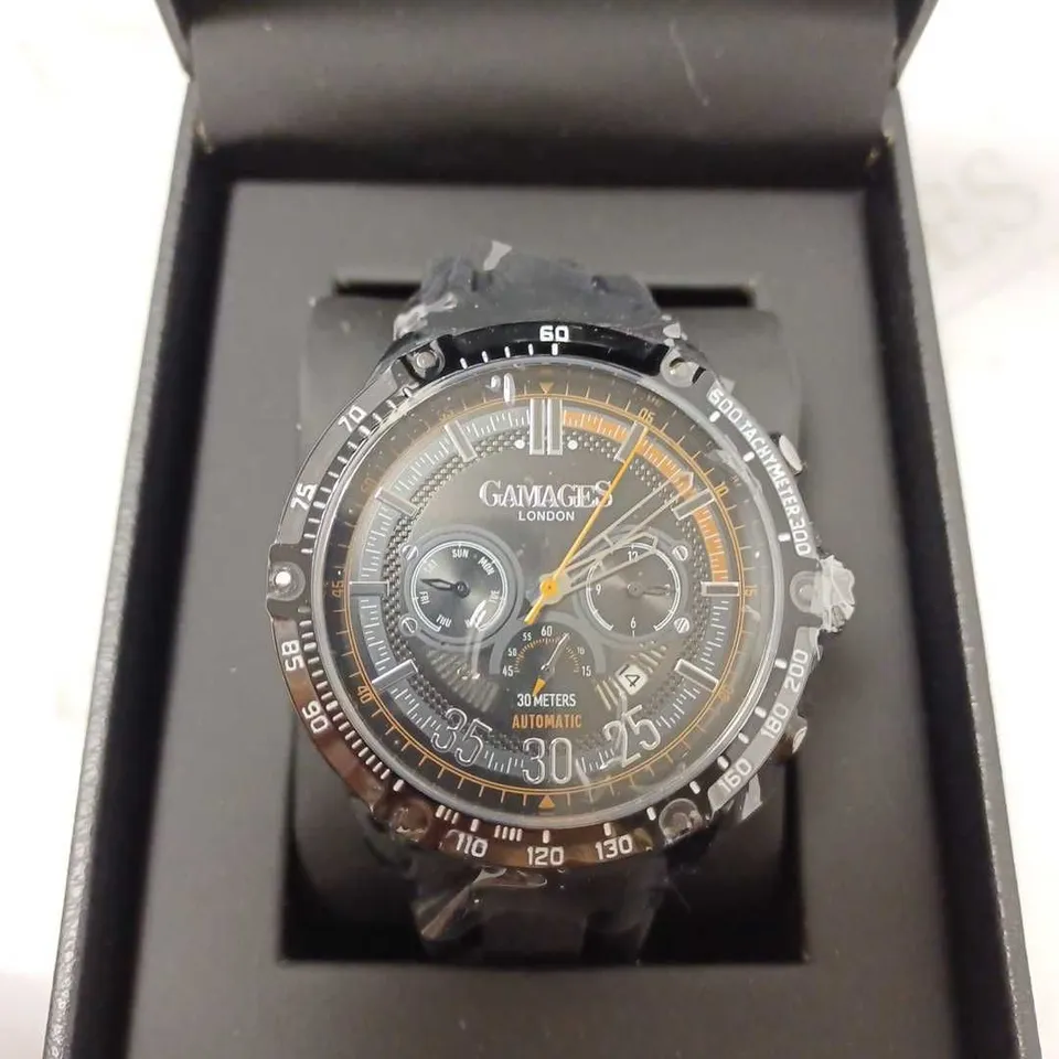 GAMAGES MECHANICAL RACER BLACK TRIPLE DATE DIAL AUTOMATIC TACHYMETER RUBBER STRAP WRISTWATCH	