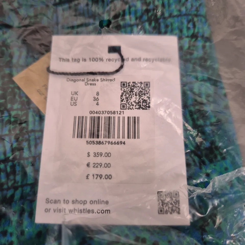 WHISTLES DIAGONAL SNAKE SHIRRED DRESS – TURQUOISE/BLUE, UK 8