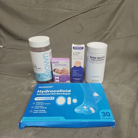 TOTE OF APPROXIMATELY 20 ASSORTED HEALTHCARE PRODUCTS TO INCLUDE OUHOE MOUTH TAPE - DERMFREE ECZEMA RELIEF BODY CREAM AND KNOWN VEGAN OMEGA 369 GUMMIES
