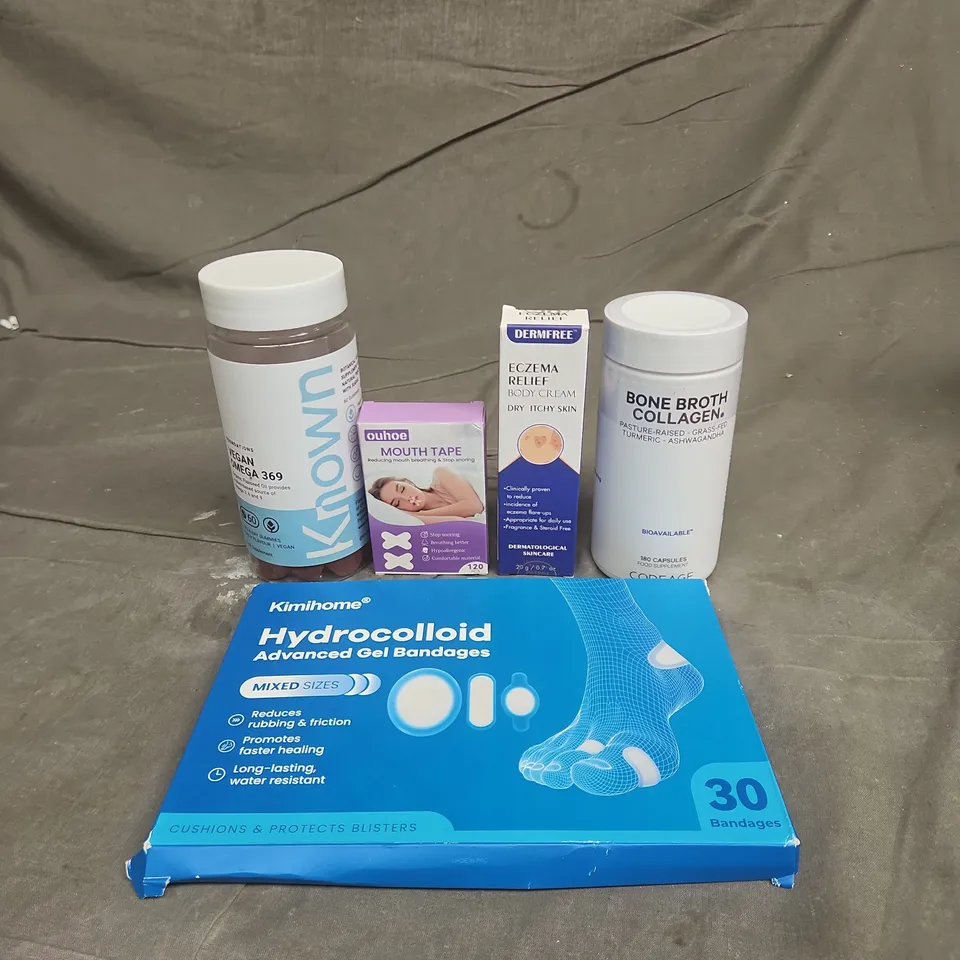 TOTE OF APPROXIMATELY 20 ASSORTED HEALTHCARE PRODUCTS TO INCLUDE OUHOE MOUTH TAPE - DERMFREE ECZEMA RELIEF BODY CREAM AND KNOWN VEGAN OMEGA 369 GUMMIES