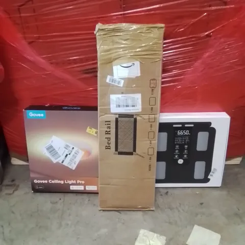 PALLET OF ASSORTED HOUSEHOLD GOODS AND PRODUCTS TO INCLUDE;GOVEE CEILING LIGHT,BED RAIL,WEIGHING SCALES
