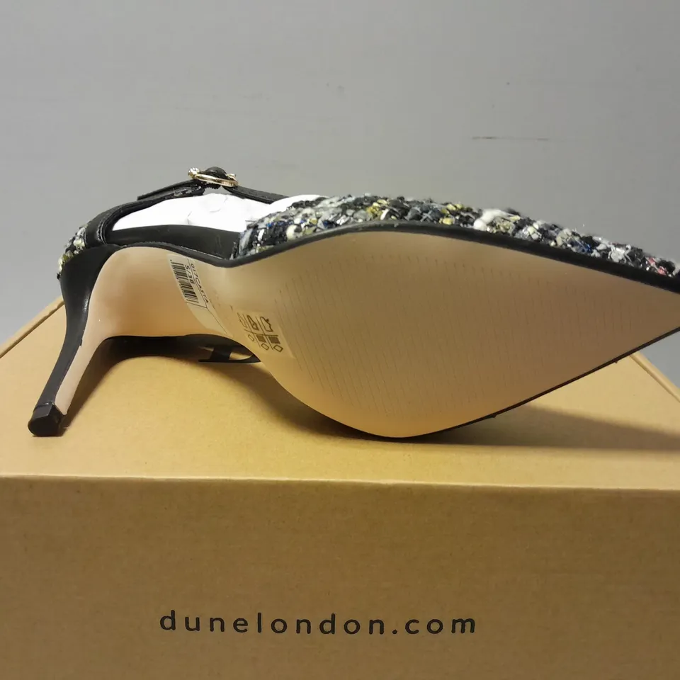 BOXED PAIR OF DUNE LONDON T-STRAP PUMPS CASTA - MULTI - SIZE 38