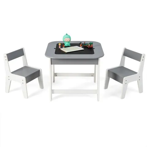 BOXED KIDS TABLE & CHAIRS SET WITH DOUBLE-SIZED TABLETOP - GREY