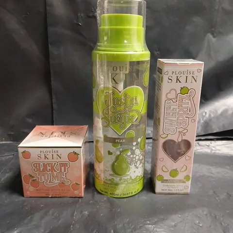 PLOUISE LOT OF 3 ASSORTED COSMETIC PRODUCTS TO INCLUDE - PEAR MICELLAR WATER - PEACH MELTING BODY BALM - APPLE HYDRATING MIST