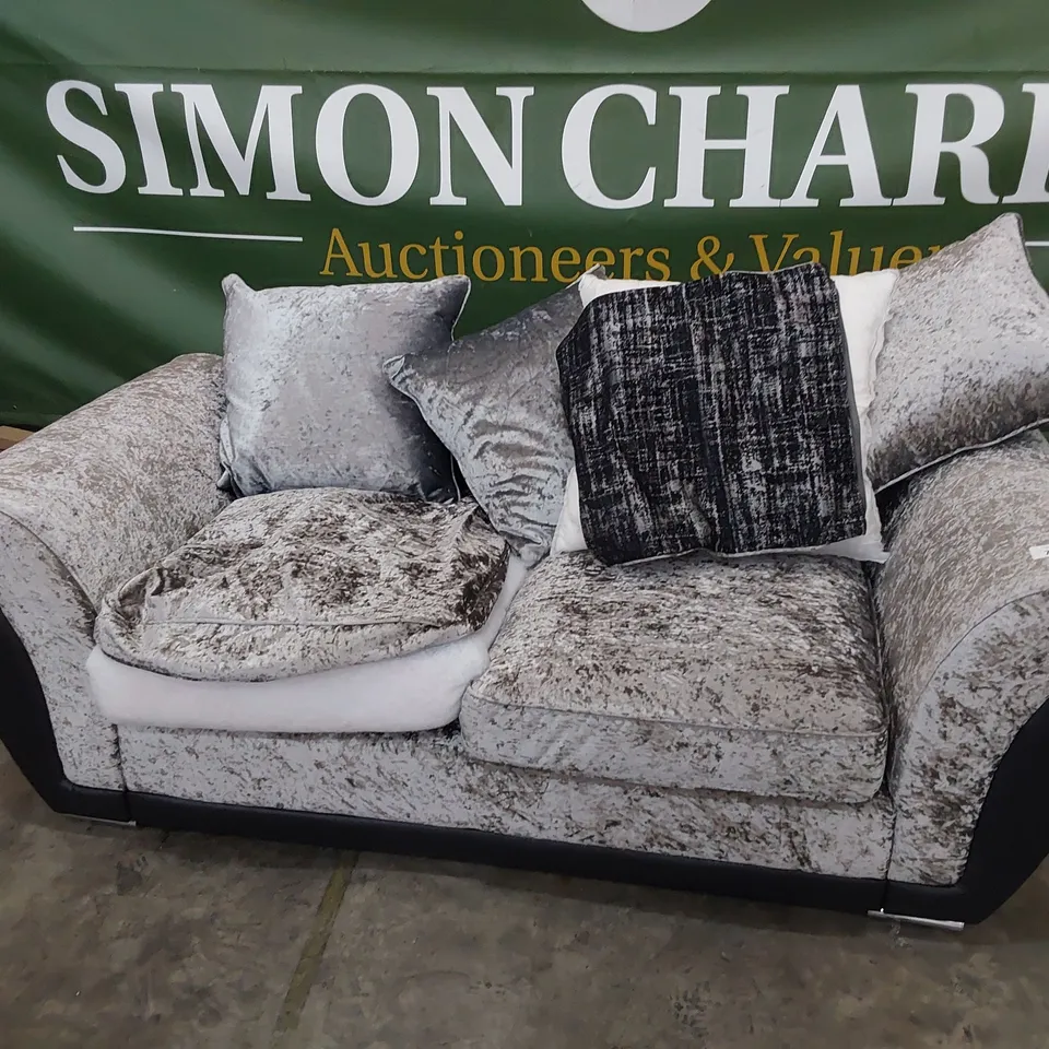 DESIGNER THREE SEATER SOFA BLACK FAUX LEATHER & CRUSHED SILVER VELVET 