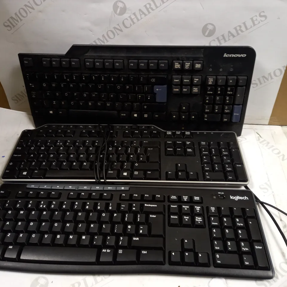 LOT OF APPROXIMATELY 15 ASSORTED KEYBOARDS TO INCLUDE LOGITECH K270 KEYBOARD, DELL KB522p WIRED KEYBOARD, LENOVO KB1021 KEYBOARD, ETC