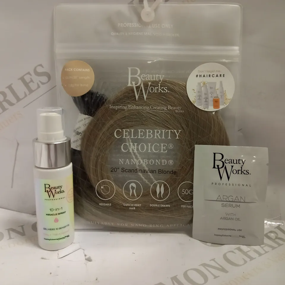 3 BEAUTY WORKS ITEMS INCLUDING NANOBOND 20" SCANDINAVIAN BLONDE HAIR EXTENSIONS, ARGAN SERUM AND 10-IN-1 MIRACLE SPRAY (30ML)