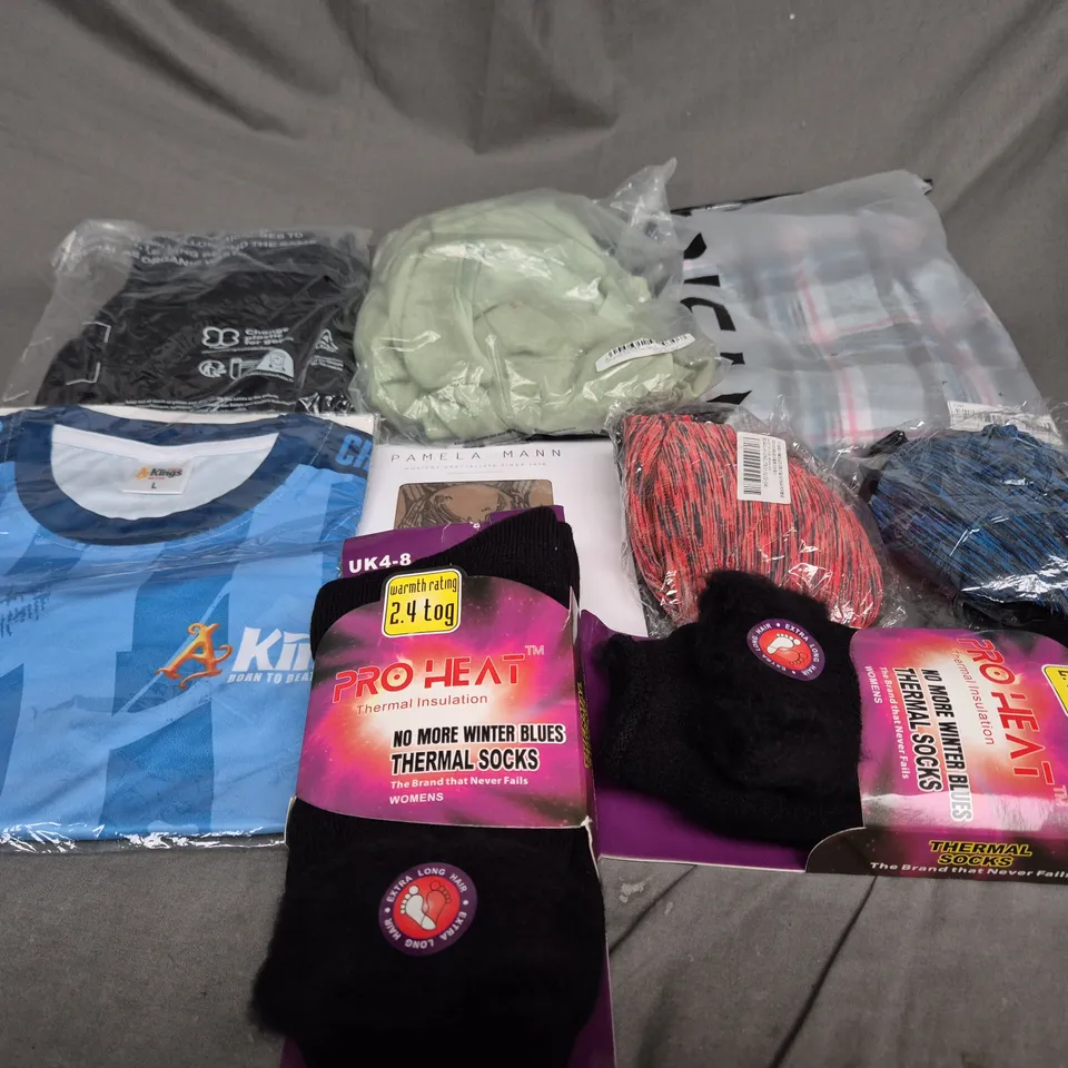 LARGE BOX OF ASSORTED CLOTHING ITEMS IN ASSORTED COLOUR, SIZES AND STYLES