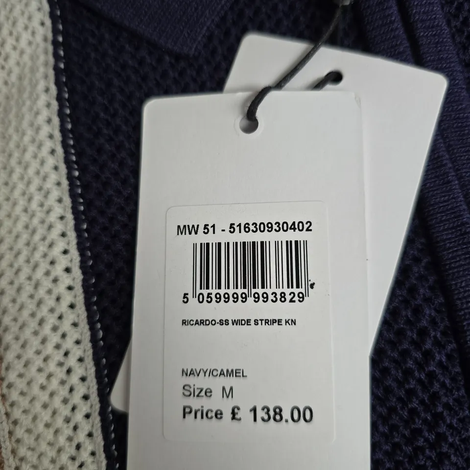 REISS CHE NAVY/CAMEL WIDE-STRIPE KNIT POLO SHIRT, SIZE M (UK)
