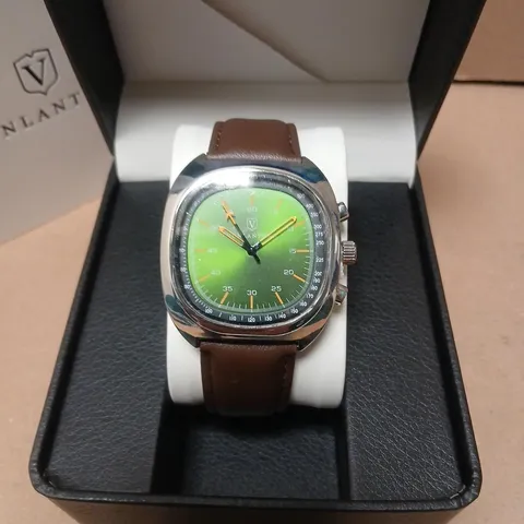 VONLANTHEN WRISTWATCH WITH GREEN DIAL, BROWN LEATHER STRAP – BOXED