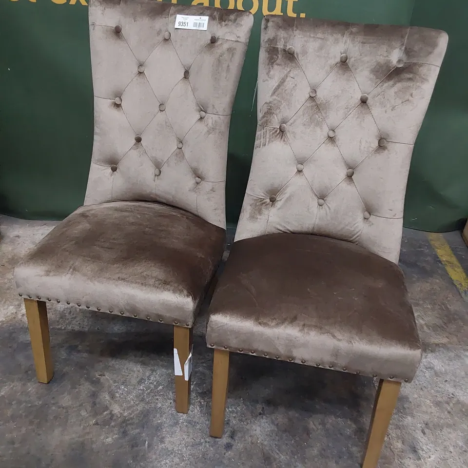 PAIR OF UPHOLSTERED BUTTONED LION HEAD RING BACK DINING CHAIRS FAWN PLUSH FABRIC ON NATURAL WOOD LEGS