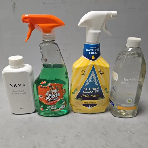 APPROXIMATELY 9 ASSORTED ITEMS TO INCLUDE - ASTONISH KITCHEN CLEANER , MR MUSCLE CLEANER , AKVA LONG LIFE CONDITIONER ETC