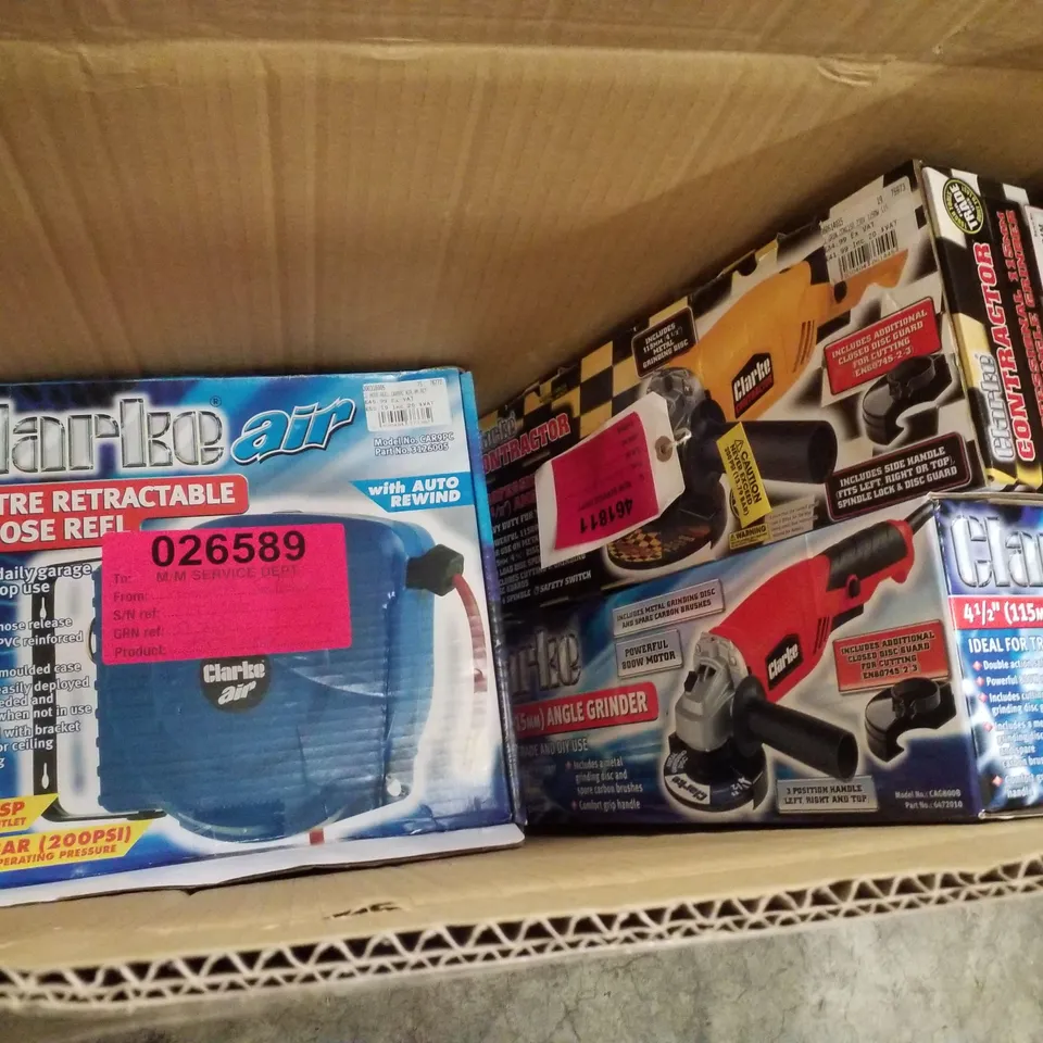 BOX CONTAINING 9M RETRACTABLE AIR HOSE REEL & 2 ANGLE GRINDERS