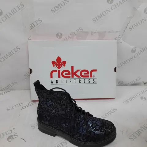 BOXED PAIR OF REIKER LACE UP BOOTS IN NAVY - SIZE 5