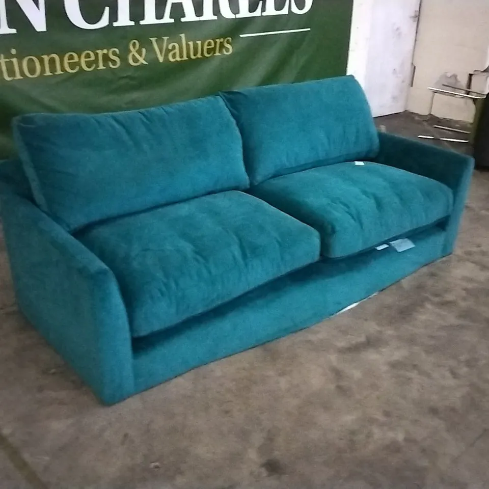 QUALITY BRITISH DESIGNER TEAL PLUSH FABRIC 3 SEATER SOFA