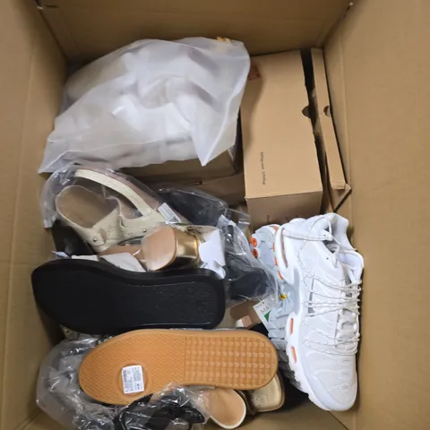BOX OF APPROXIMATELY 12 PAIRS OF ASSORTED SHOES IN VARIOUS COLOUR, STYLES AND SIZES