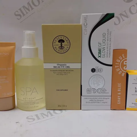 LOT OF APPROX 6 ASSORTED BEAUTY PRODUCTS TO INCLUDE NEAL'S YARD REMEDIES ORGANIC BEAUTY OIL, THE WHITE COMPANT SPA RETREAT BODY OIL, DRUNK ELEPHANT LIPPE BALM, ETC 