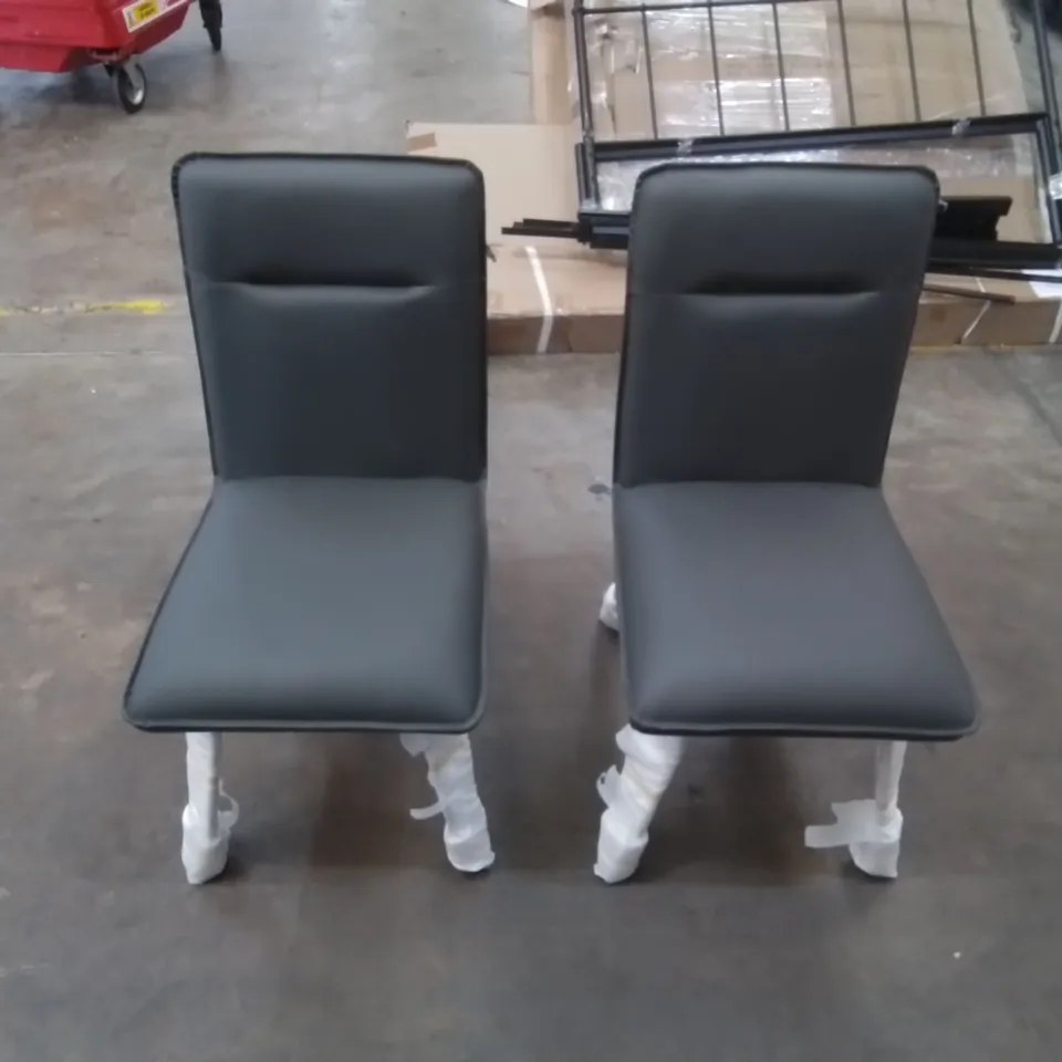BOXED SET OF 2 ALDEN DINING CHAIRS IN FAUX GREY LEATHER WITH METAL LEGS LEGS 