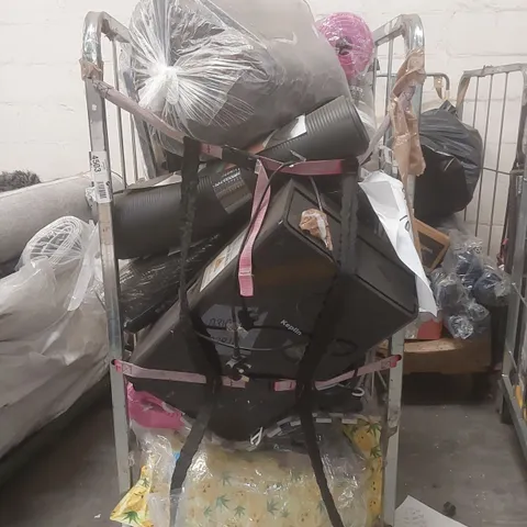 CAGE CONTAINING A LARGE QUANTITY OF ASSORTED ITEMS INCLUDING: YOGA MATS, KEPLIN DEHUMIDIFIER, EXERCISE MATS ECT // CAGE NOT INCLUDED