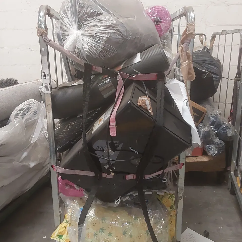 CAGE CONTAINING A LARGE QUANTITY OF ASSORTED ITEMS INCLUDING: YOGA MATS, KEPLIN DEHUMIDIFIER, EXERCISE MATS ECT // CAGE NOT INCLUDED