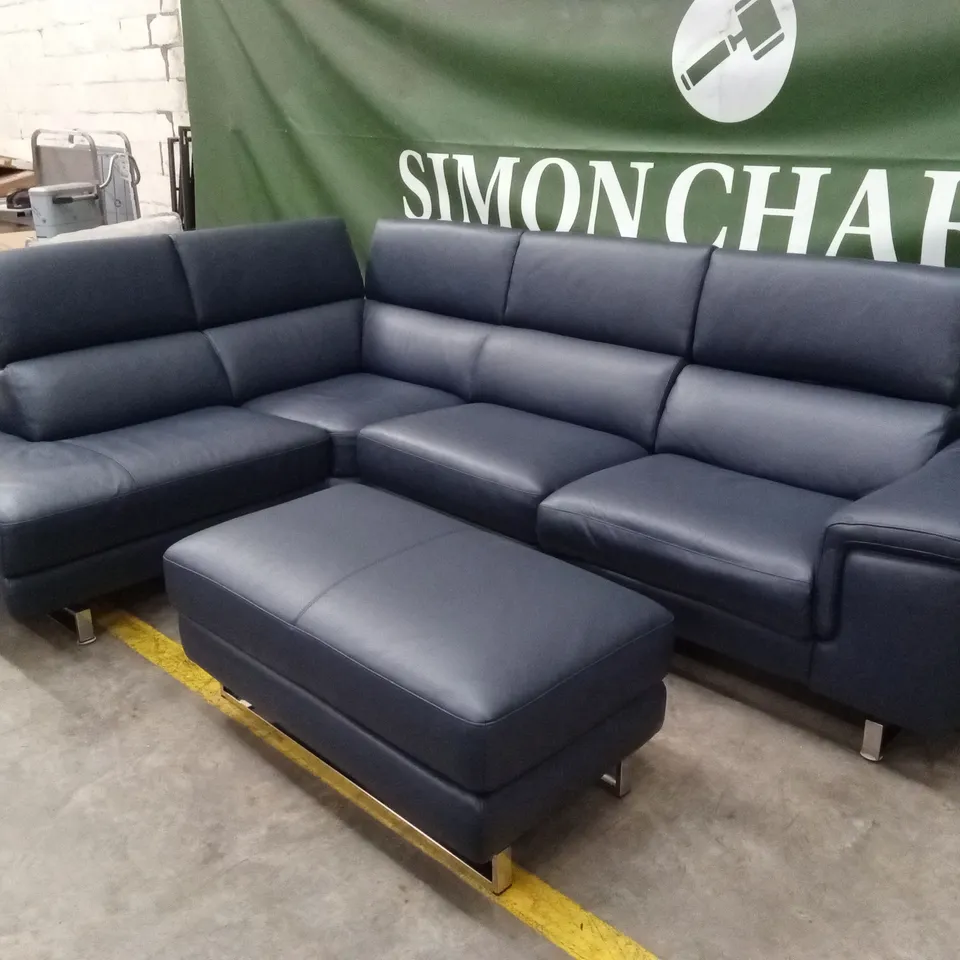 QUALITY DESIGNER ITALIAN MADE CARLO ELECTRIC RECLINING LEATHER UPHOLSTERED CORNER CHAISE SOFA WITH FOOTSTOOL - DEEP BLUE