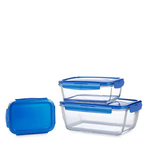 LOCK & LOCK 3 PIECE NESTABLE GLASS RECTANGLE SET IN DENIM BLUE