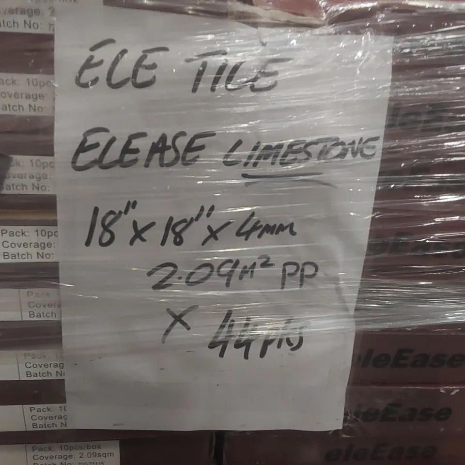 PALLET CONTAINING APPROXIMATELY 44x PACKS OF BRAND NEW ELE TILE ELEASE LIMESTONE 18"X18"X 4MM COVERAGE: 2.09M² PP LUXURY VINYL TILES