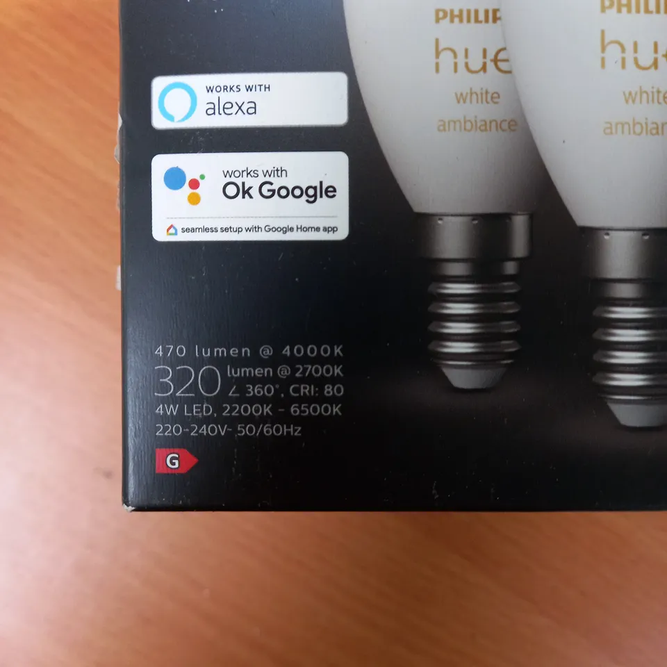 SET OF 2 PHILIPS HUE WHITE AMBIANCE BULBS, 4W LED