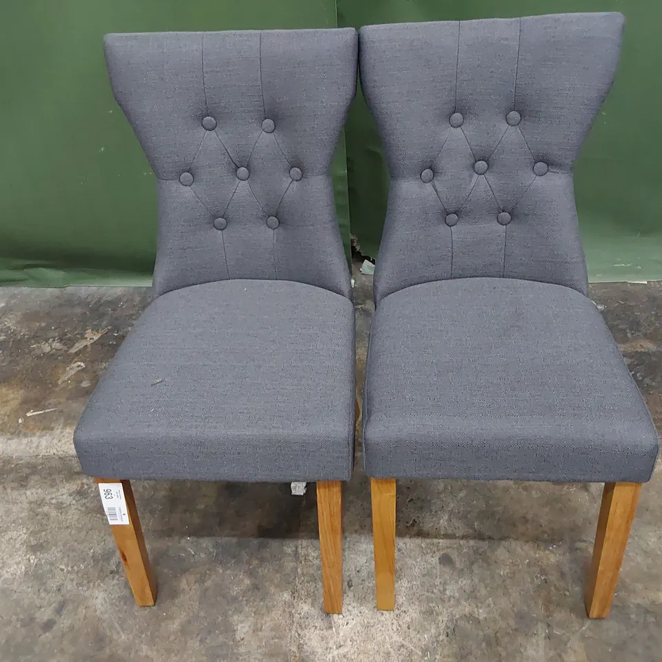 PAIR UPHOLSTERED BUTTONED BACK DINING CHAIRS CHARCOAL FABRIC ON NATURAL WOOD LEGS 