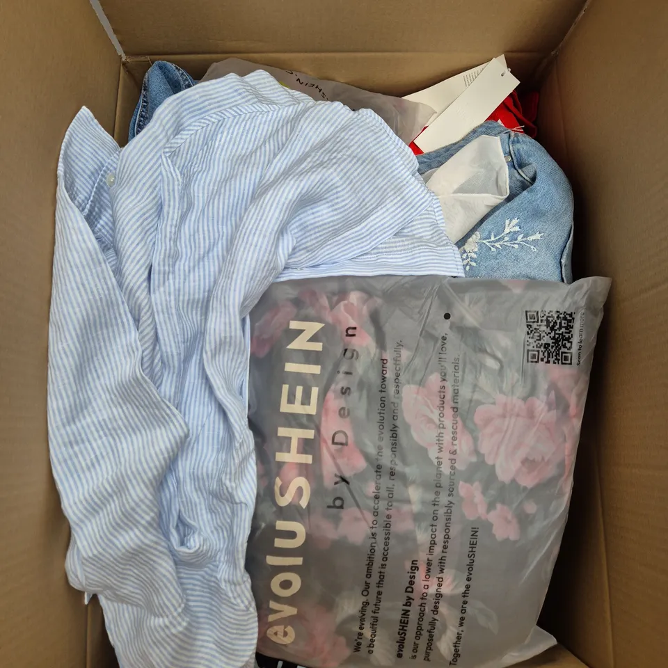 LARGE BOX OF ASSORTED CLOTHING ITEMS IN VARIOUS SIZES, STYLES AND COLOUR 