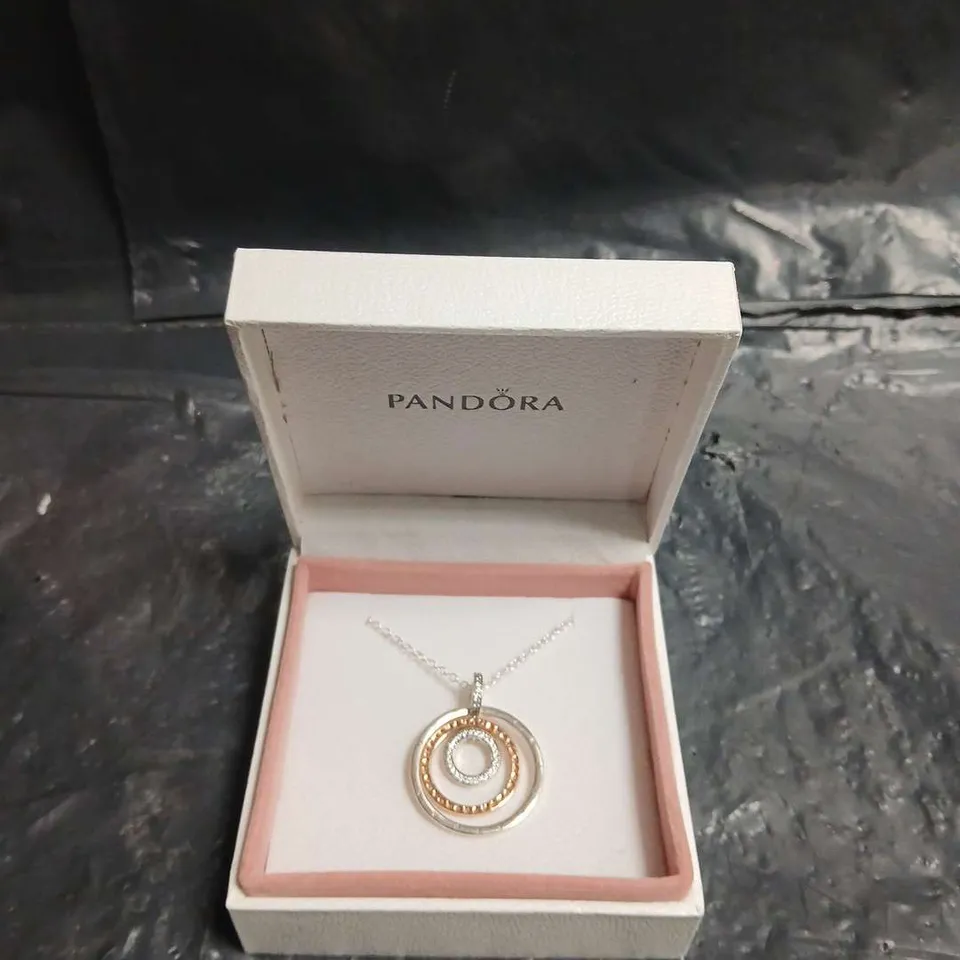 BOXED PANDORA TWO-TONE CIRCLES PENDANT NECKLACE WITH CRYSTALS 