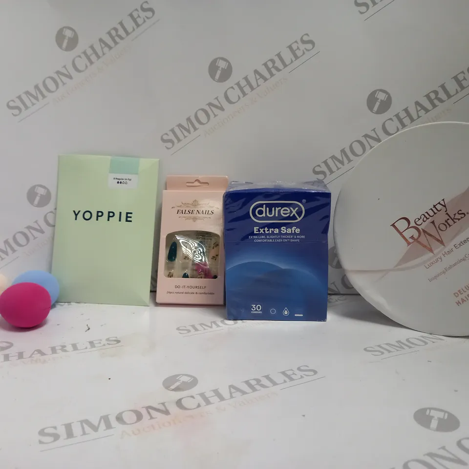 BOX OF APPROX 20 ASSORTED HEALTH AND BEAUTY ITEMS TO INCLUDE - DUREX EXTRA SAFE 30 PACK - YOPPIE 8 REGULAR - BEAUTY WORKS CLIP HAIR EXTENSIONS ECT