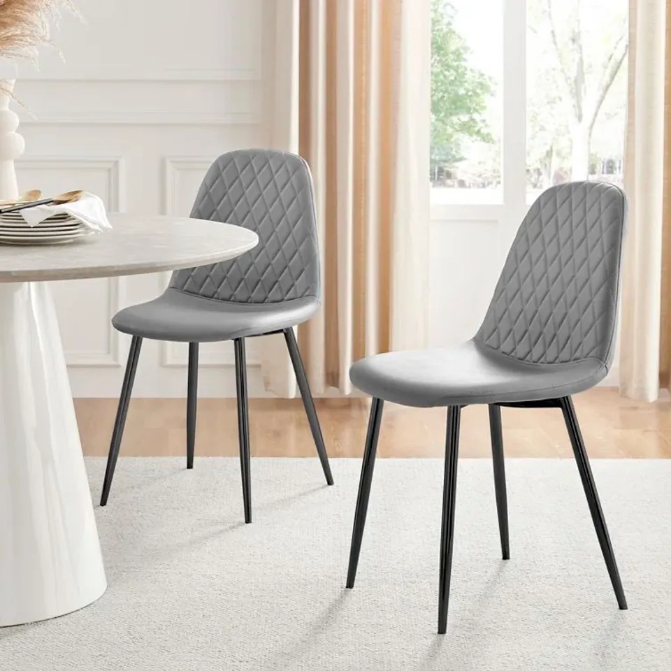 BOXED COROVA FAUX LEATHER MODERN DINING CHAIRS, IN ELEPHANT GREY WITH BLACK LEGS - SET OF 2 (1 BOX)