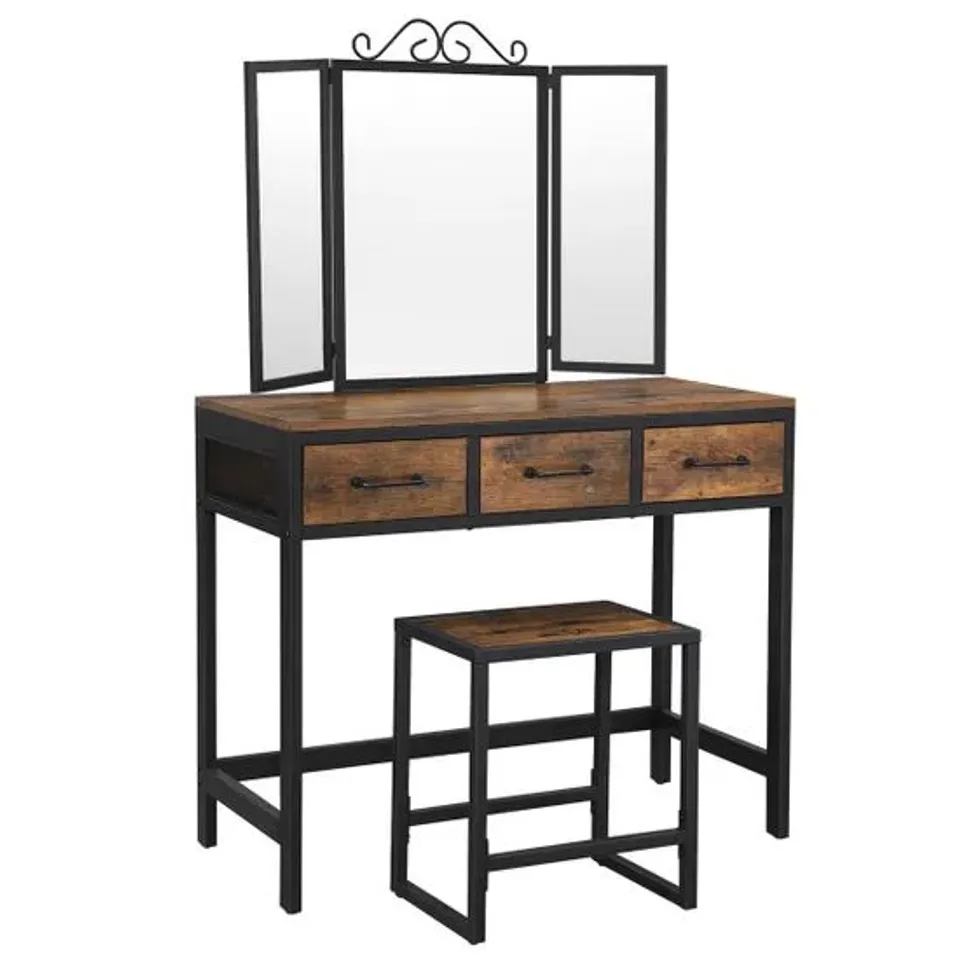 BOXED VASAGLE VANITY TABLE AND STOOL SET, RUSTIC BROWN AND BLACK