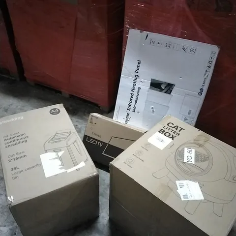 PALLET OF HOUSEHOLD ITEMS TO INCLUDE A4 SHEET AUTOMATIC CONTINUOUS SHREDDING, CAT LITTER BOX,  17INCH TV, INFRARED HEATING PANEL  AND OTHER ASSORTED ITEMS...