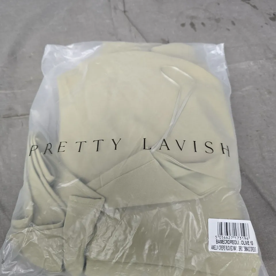 PRETTY LAVISH AMELIA CREPE RUCHED DRESS – OLIVE, UK 10