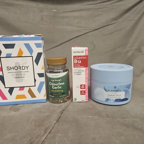 TOTE OF APPROXIMATELY 20 ASSORTED HEALTHCARE PRODUCTS TO INCLUDE SHORDY MENSTRUAL CUP APPLICATOR - PLANTOPIA SOAKING SALTS AND ODOURLESS GARLIC CAPSULES