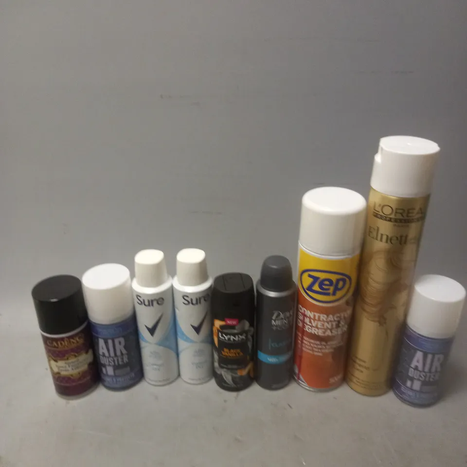 APPROXIMATELY 12 ASSORTED AEROSOLS TO INCLUDE LOREAL ELNETT, DOVE MEN CARE CLASSIC, AND AIR DUSTER ETC. 