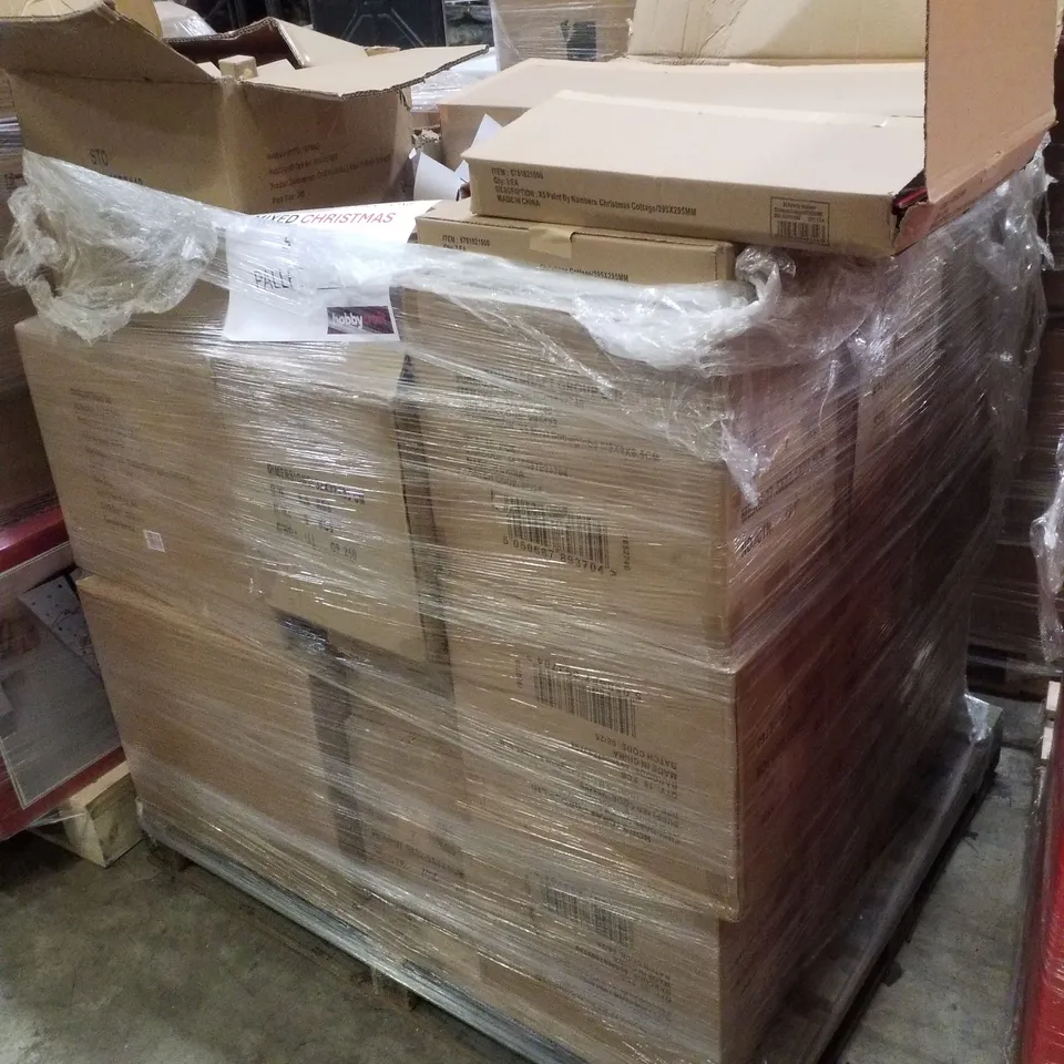 PALLET CONTAINING ASSORTED CHRISTMAS  DECORATIONS INCLUDING PAINT BY NUMBERS SETS, LED STAR NEON LIGHTS, MIRROR BALL LED LIGHTS, MACHE GINGERBREAD HOUSES & DIY SNOWGLOBES