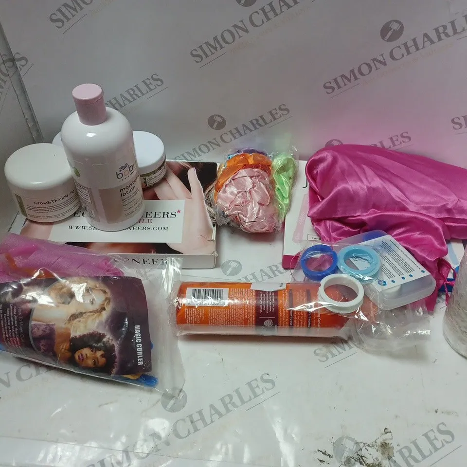 BOX OF ASSORTED COSMETIC ITEMS TOO INCLUDE WIGS AND FACE CREAM 