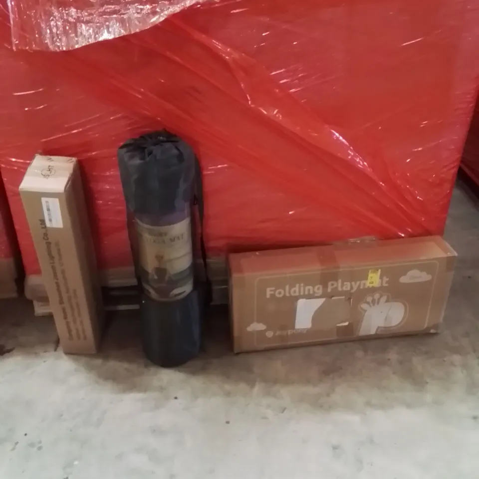 PALLET OF ASSORTED HOUSEHOLD GOODS AND PRODUCTS TO INCLUDE;LED MIRROR LIGHT,YOGA MAT,PLAYMAT