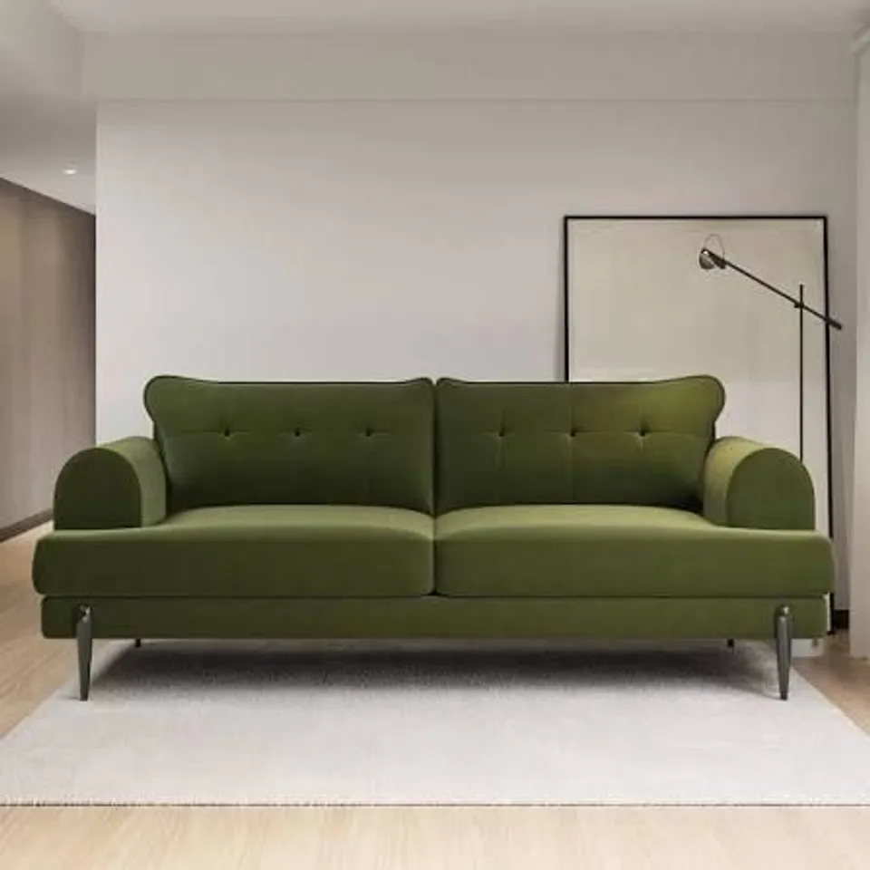 BOXED OLIVE GREEN VELVET 3 SEATER SOFA - ROSIE
