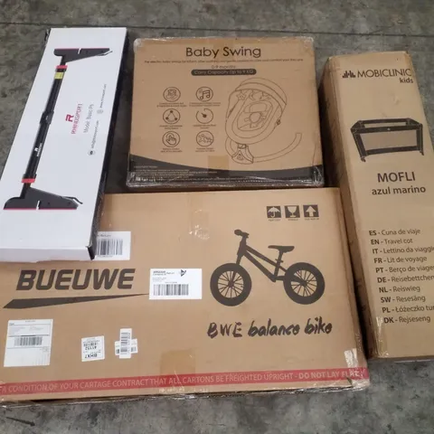 PALLET CONTAINING ASSORTED PRODUCTS INCLUDING BABY SWING, TRAVEL COT, BALANCE BIKE, PULLUP BAR & TRUNKI BACKPACK/CAR SEAT