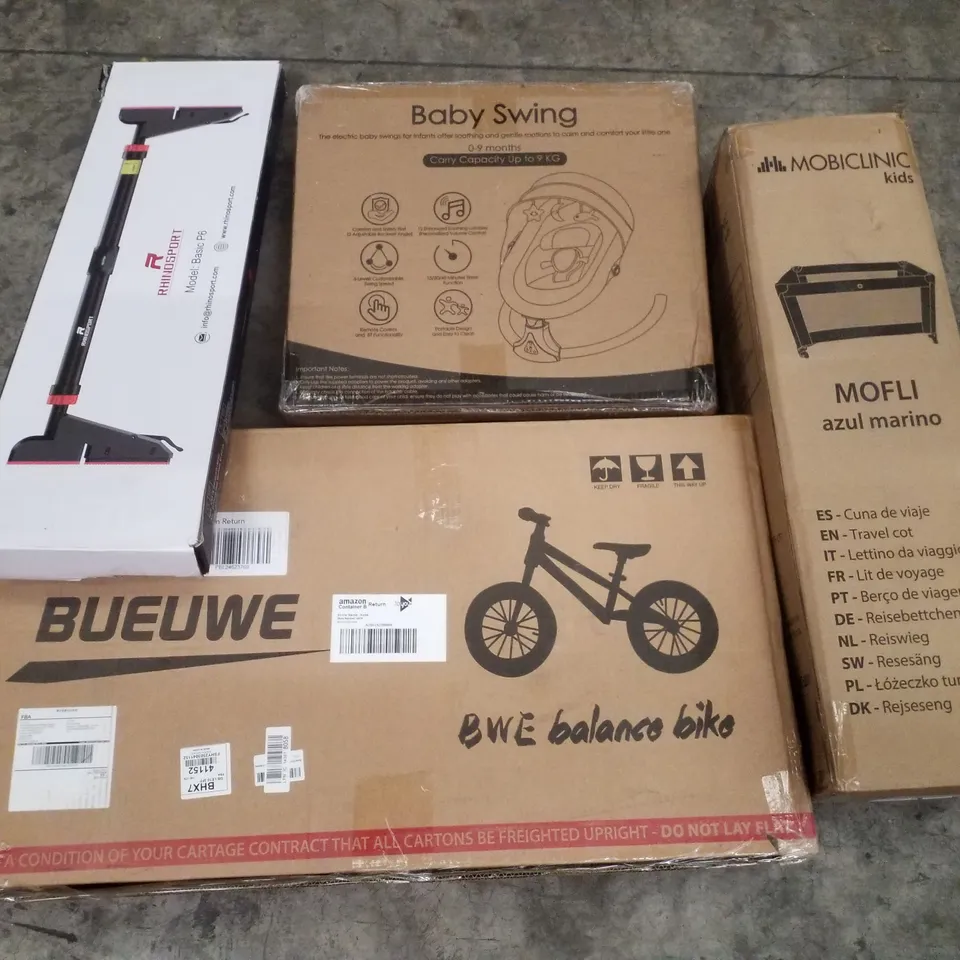 PALLET CONTAINING ASSORTED PRODUCTS INCLUDING BABY SWING, TRAVEL COT, BALANCE BIKE, PULLUP BAR & TRUNKI BACKPACK/CAR SEAT