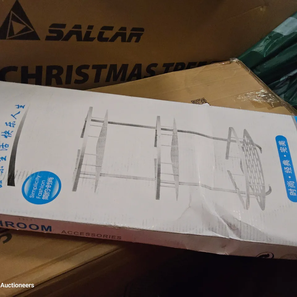 PALLET OF ASSORTED ITEMS TO INCLUDE, SHOWER CADFY, CHRISTMAS TREE, ELECTRIC PATIO HEATER, SUITCASE.