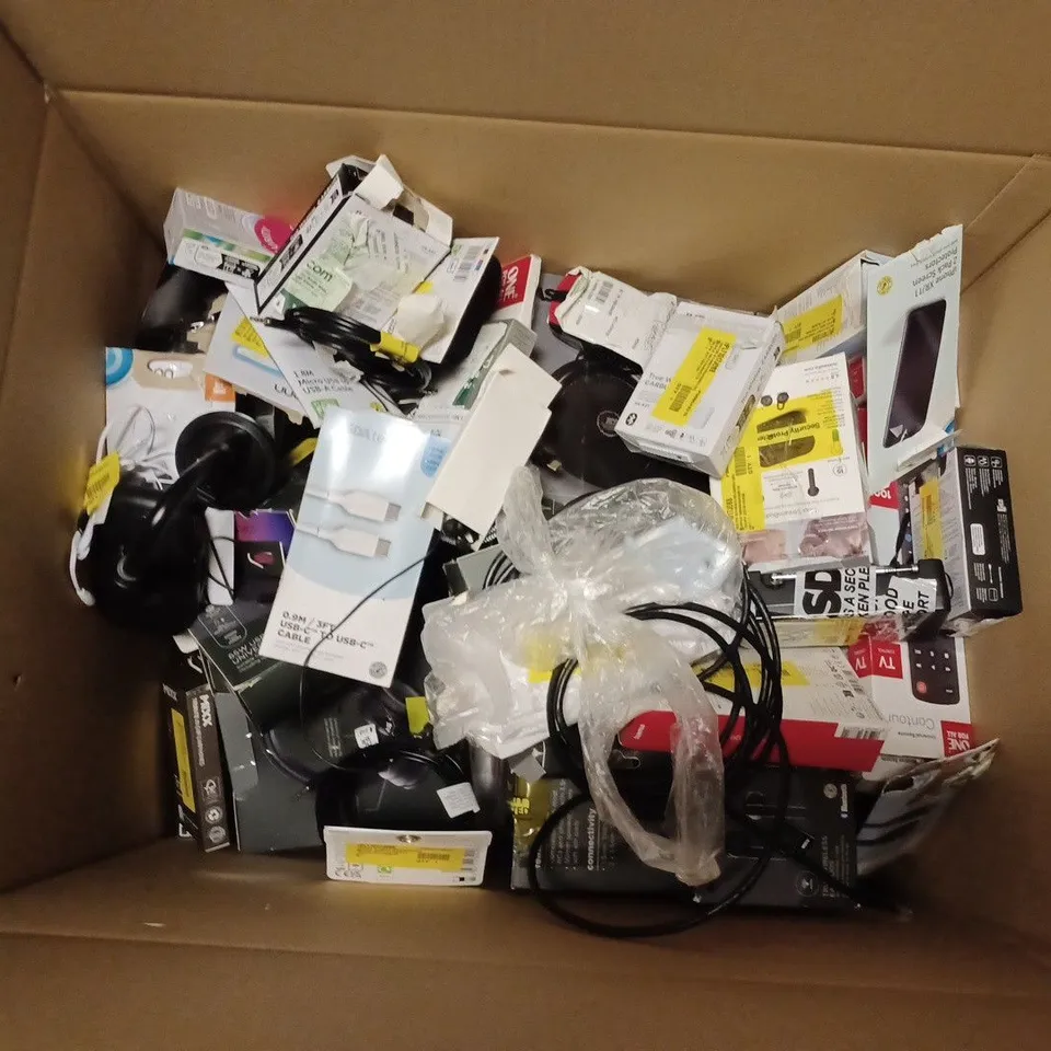 BOX OF APPROX 30 ASSORTED ITEMS INCLUDING JUICEDISCOXL SPEAKER, BLACKWEB HDMI LEAD AND ASDATECH WIRELESS EARBUDS