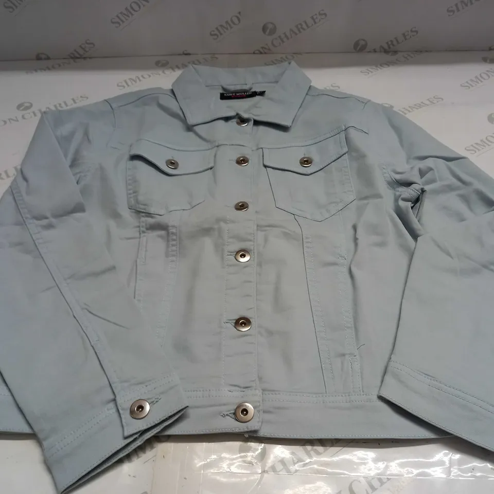 KURT MULLER WOMAN CROP FAUX DENIM JACKET IN BABY BLUE - UK 14