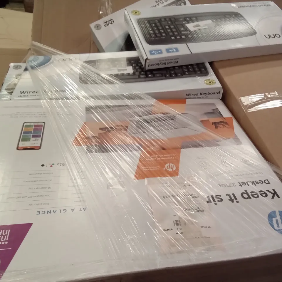 PALLET OF ASSORTED ELECTRONICS INCLUDING ONN WIRED KEYBOARD, CANON PIXMA PRINTER, 1.8M MICRO USB TO USB-A CABLE, JVC HEADPHONES, JUICE SOCIAL PERFECT GLOW RING LIGHT, MIXX WIRELESS EARPHONES