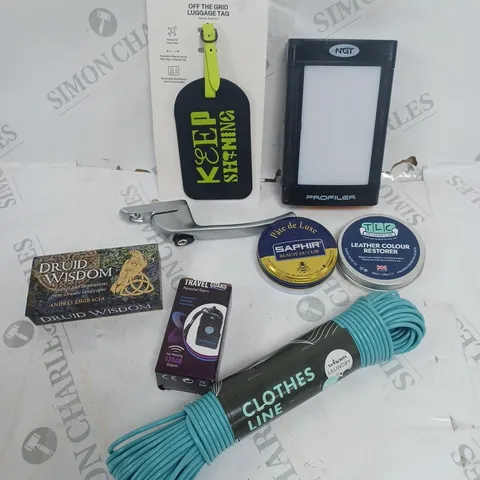 BOX OF APPROXIMATELY 20 ASSORTED HOUSEHOLD PRODUCTS TO INCLUDE CLOTHES LINE, LUGGAGE TAG, PERSONAL ALARM ETC 